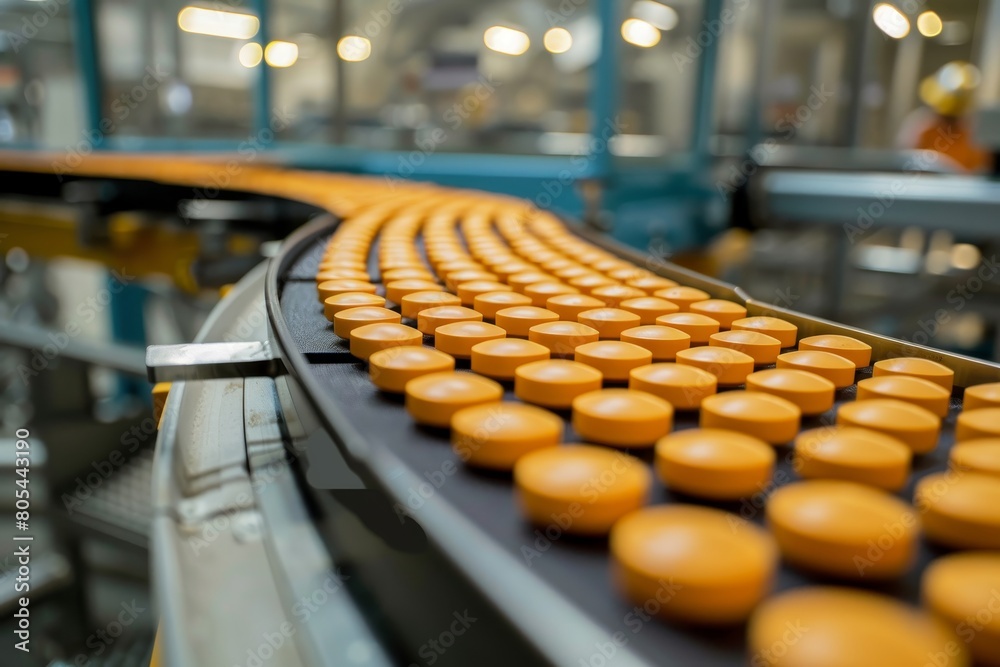 Obraz premium Rows of orange pills travel along a conveyor line in a pharmaceutical factory, close-up with background blur