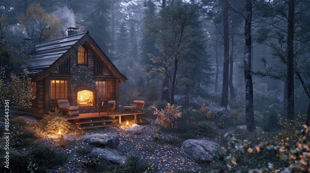 Cozy and warm cabin with a fireplace in the forest