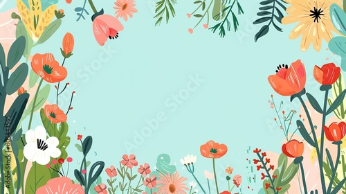 Wallpaper Mural flower meadow field with copy space cute cartoonish page print border design, with blank empty space for mock up message background Torontodigital.ca