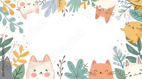 cat in garden doodle sketch cute cartoonish page print border design, with blank empty space for mock up message background