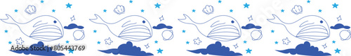 Cute whale line border on transparent background.
