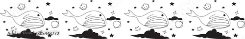 Cute whale line border on transparent background.
