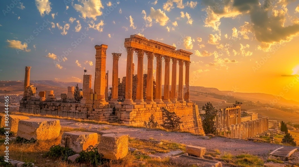 ancient columns of ancient roman buildings on a sunset