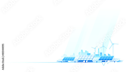 Clean energy from solar plants and renewable sources with cityscape background. Ecology concept