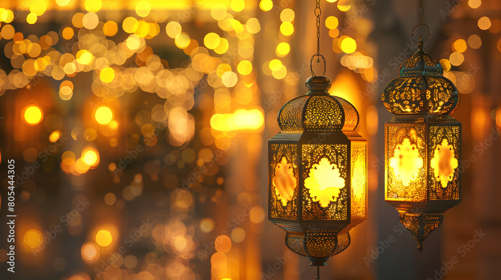 Golden ornate hanging lanterns with patterns on glowing light bokeh background, copy space for text Golden ornate hanging lanterns with patterns on glowing light bokeh background, copy space for text