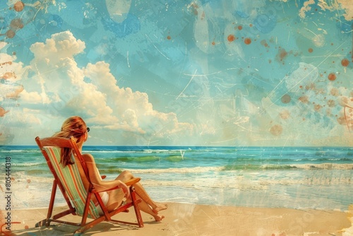 A woman is lying on a chair by the beach and sunbathing.