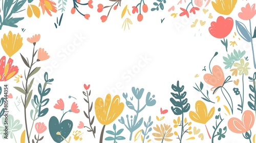 flower meadow field with copy space cute cartoonish page print border design, with blank empty space for mock up message background