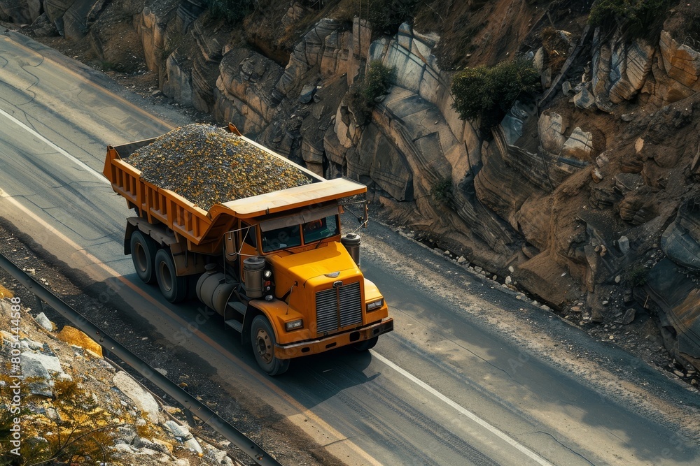 A mining dump truck transports crushed stone in the back, top view