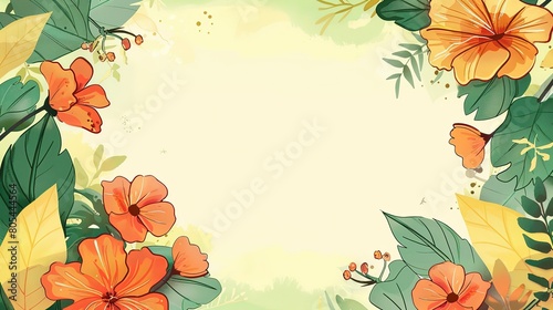 hibiscus summer flower in garden cute cartoonish page print border design, with blank empty space for mock up message background
