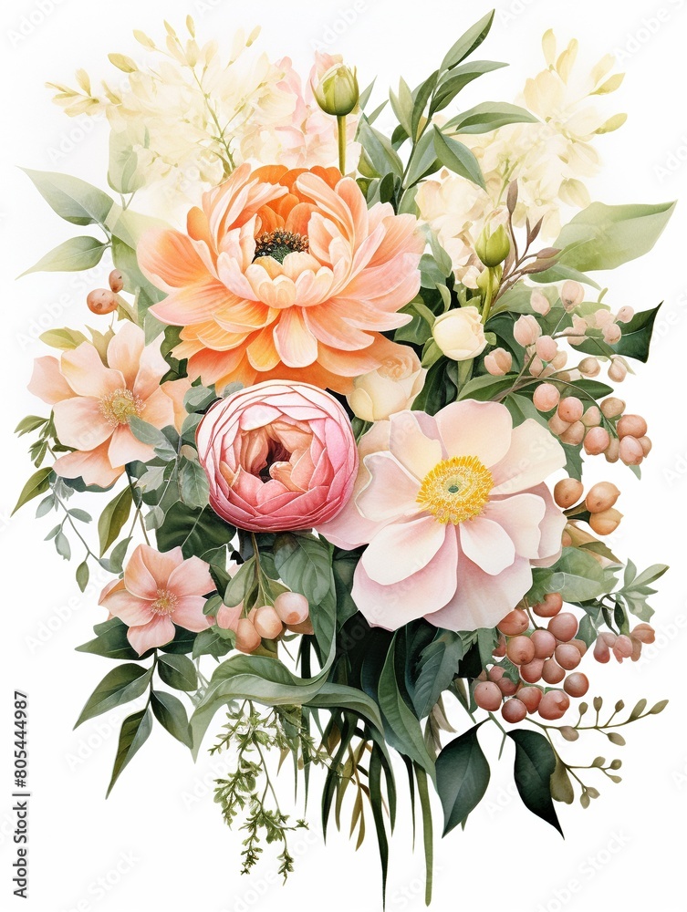 Bright and bold wedding bouquet in watercolor, vibrant greens and soft pastels conveying the depth and elegance of a floral arrangement ,  watercolor painting