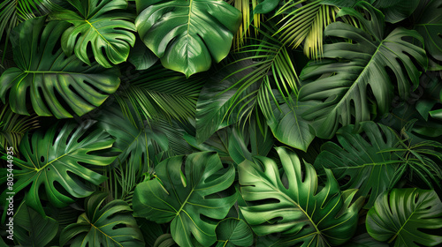 Lush tropical escape  A dense collage of vibrant green leaves offers a serene and natural background