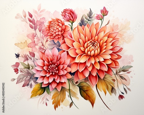 Lush floral watercolor composition with dahlias and acacia, symbolizing love, against an airy, white background for clarity and brightness ,  fresh and clean look