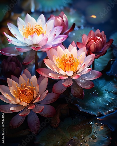 Majestic lotus flowers, bright colors against dark water, dramatic closeup, highdetail texture , high resolution