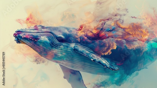 Vibrant underwater portrait of a whale, infused with abstract art elements, showcasing a colorful and dynamic ocean scene