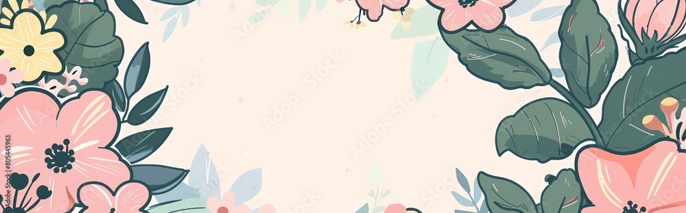 cute flower blossom springtime refreshing cartoonish minimal banner print design, with blank empty space for mock up message background