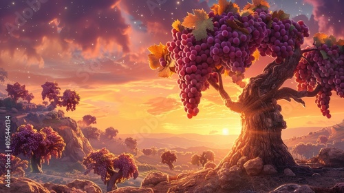 A mystical grape tree dominates a fantastical landscape under a starry, colorful sky at sunset, evoking wonder and imagination. photo