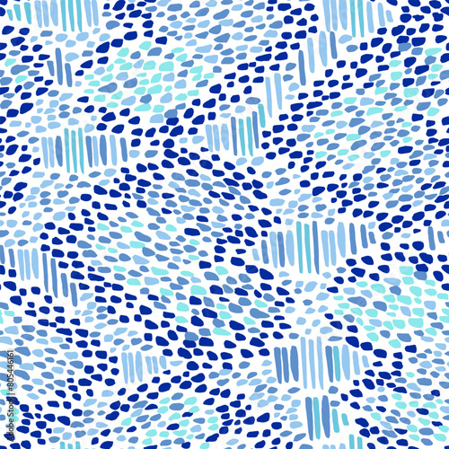 Abstract animal snake skin seamless repeat pattern camouflage made with oblong camo shapes, spots, brush marks in tonal blue hues