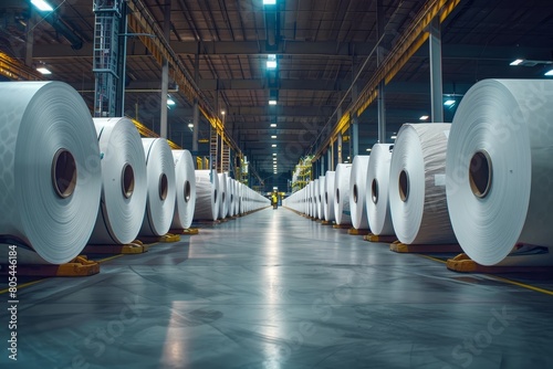 Large rolls of sheet paper stand in the workshop of a paper and pulp mill