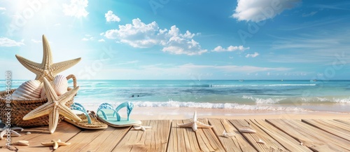 Summer banner background with elements of golden sands, sea and summer sun. photo