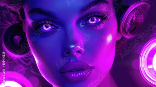 A vivid digital portrait of a futuristic woman with intense purple glowing eyes and illuminated skin.