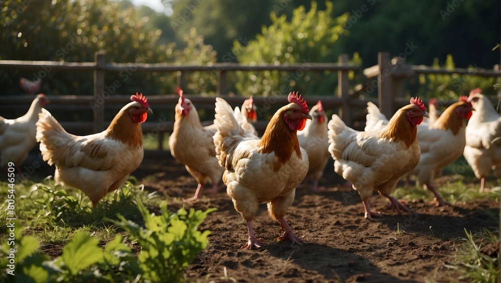 Fototapeta premium A group of chickens are walking around in a dirt field. The chickens are brown and white