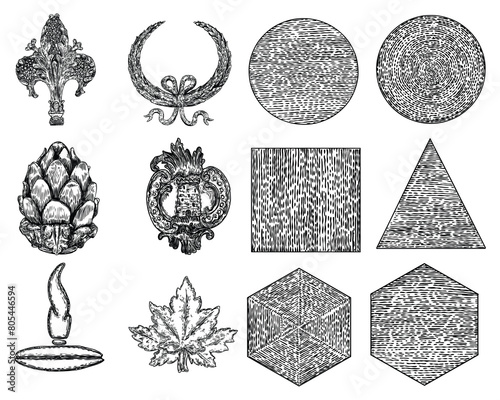 Set of vintage style floral circular cast stone and ornate ceilings design elements. Low poly geometry shape star crystals for Christmas and other decorative drawings. Vector. photo