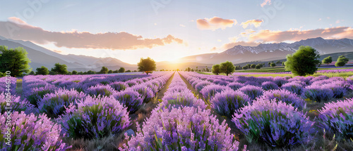 Sunset over a fragrant lavender field in Provence  rows of purple blooms under a colorful sky creating a stunning visual