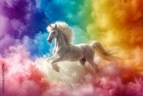 A unicorn is galloping through a rainbow colored cloudscape.