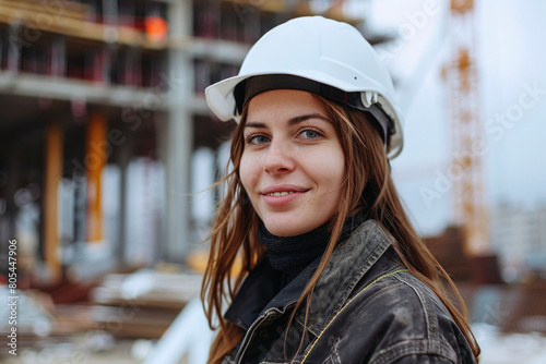 Beautiful female engineer, looking at camera, on a construction site.