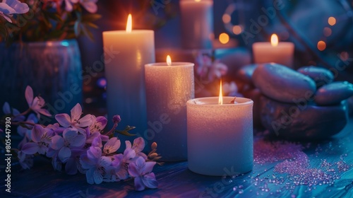 Tranquil spa setting with candles  stones  and floral accents creating a serene and relaxing atmosphere