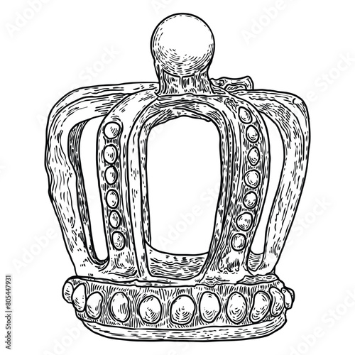 King or Queen crown on in vintage etching style. Coronation headdress for king and queen. Royal noble aristocrat monarchy jewel crown. Monarch jewels treasure symbol. Hand drawing vector.