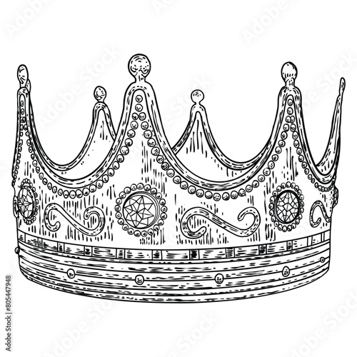 King or Queen crown on in vintage etching style. Coronation headdress for king and queen. Royal noble aristocrat monarchy jewel crown. Monarch jewels treasure symbol. Hand drawing vector.