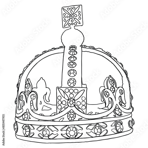 Coronation crown for king or queen. Symbolic religious ceremony while sovereign is crowned to monarch's head with crown. Monarch is the head of the Church of England with title and powers.
