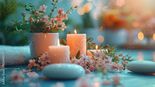 Soothing spa atmosphere with candles  flowers  and stones  creating a serene and relaxing environment for wellness