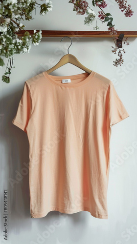 A soft peach t-shirt elegantly hung on a hanger crafted from cherry wood, against a white backdrop. The warmth of the wood 