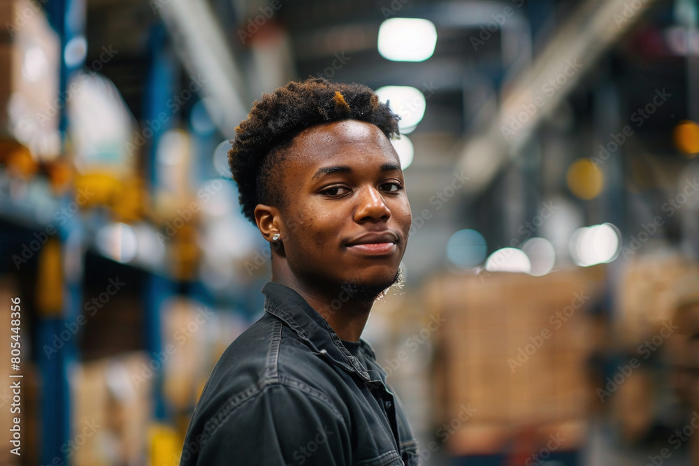 Portrait of a young black worker in factory, industrial dedication, factory worker. Portrait of a young black worker in factory, industrial dedication, factory worker.