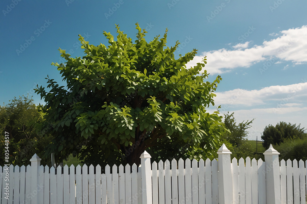 Beautiful decorative tree over a classic white picket fence, serene peaceful atmosphere, summer grafic background Beautiful decorative tree over a classic white picket fence, serene peaceful atmosphere, summer grafic background