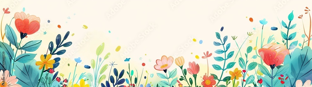 cute flower blossom springtime refreshing cartoonish minimal banner print design, with blank empty space for mock up message background