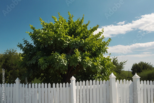 Beautiful decorative tree over a classic white picket fence  serene peaceful atmosphere  summer grafic background