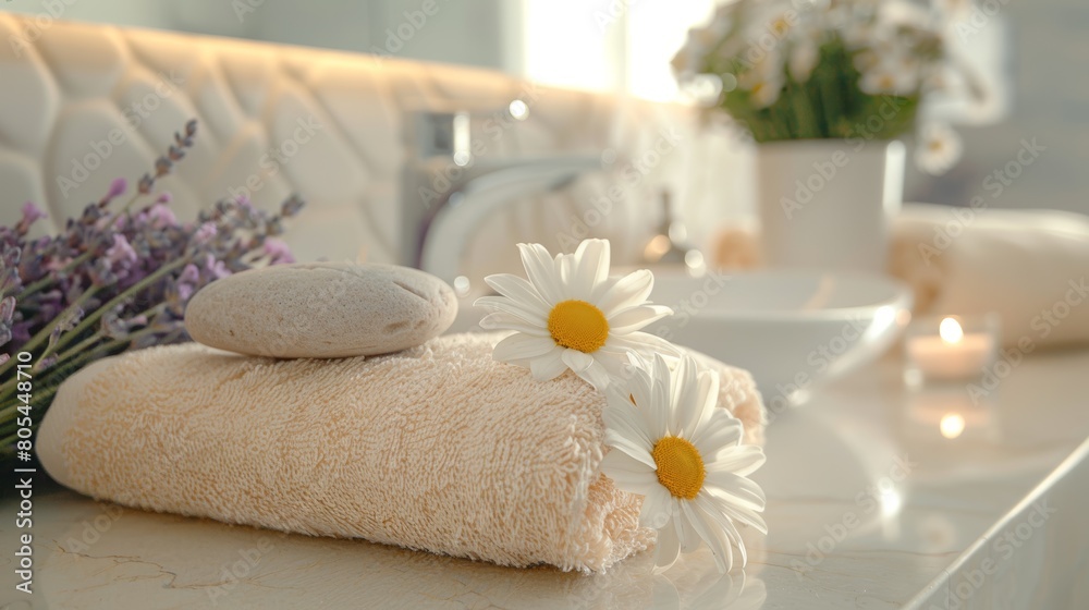 Elegant spa setting with fluffy towel, daisies, and lavender creating a peaceful and rejuvenating bathroom atmosphere