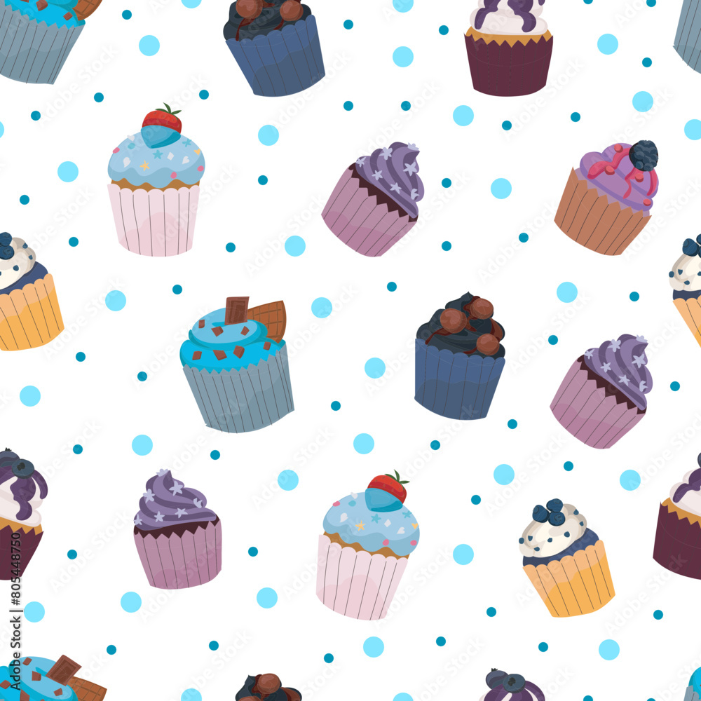 Blueberry cupcakes seamless pattern background.
Blueberry cupcakes seamless pattern background.