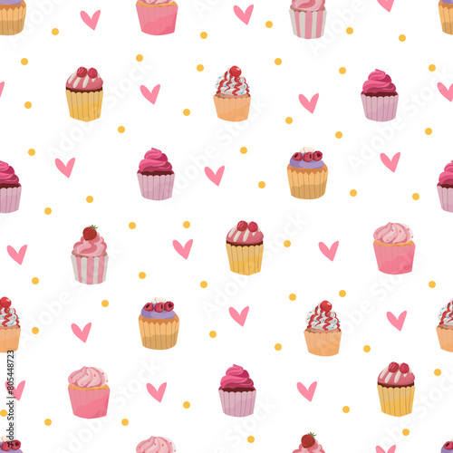 Strawberry cupcakes seamless pattern background.

