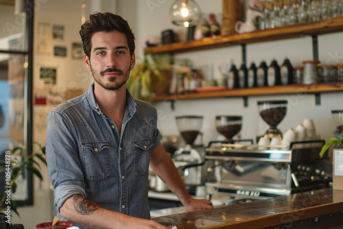 Portrait of handsome young male coffee shop owner standing behind counter