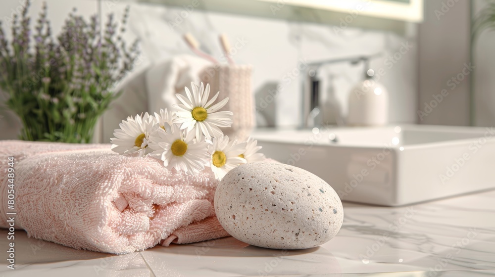 Aesthetic and serene spa setup with volcanic stones, soft towels, and fresh flowers enhancing a tranquil ambiance Aesthetic and serene spa setup with volcanic stones, soft towels, and fresh flowers enhancing a tranquil ambiance