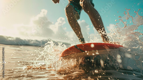 close up of a surfinger doung tricks on the water, water drops background, oceanic scene background