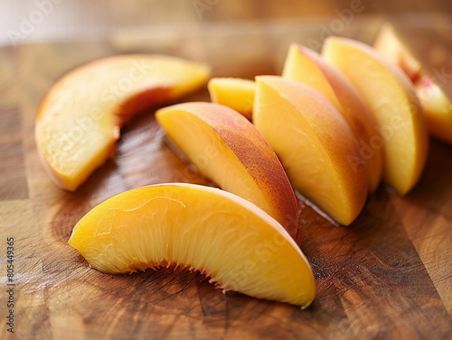 Sliced ​​peaches on a kitchen wooden board. Peaches slices