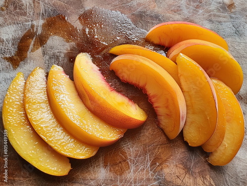 Sliced ​​peaches on a kitchen wooden board. Peaches slices