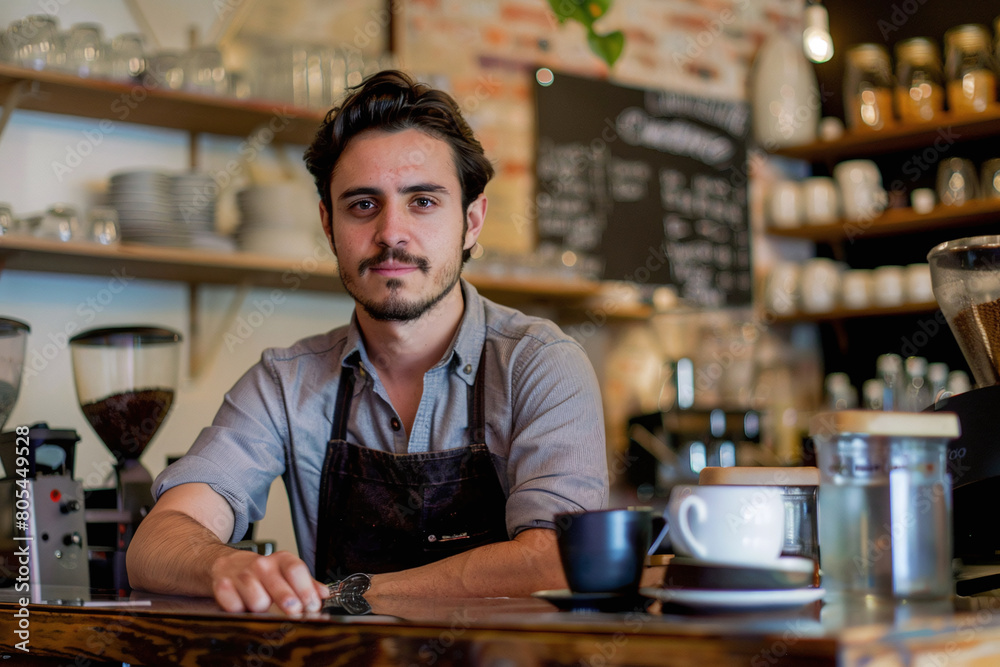 Portrait of handsome young male coffee shop owner standing behind counter Portrait of handsome young male coffee shop owner standing behind counter