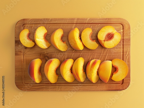 Sliced ​​peaches on a kitchen wooden board. Peaches slices