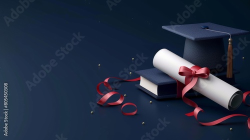Elegant graduation setup featuring a cap, diploma with red ribbon, and academic books against a dark blue backdrop, symbolizing success and new beginnings